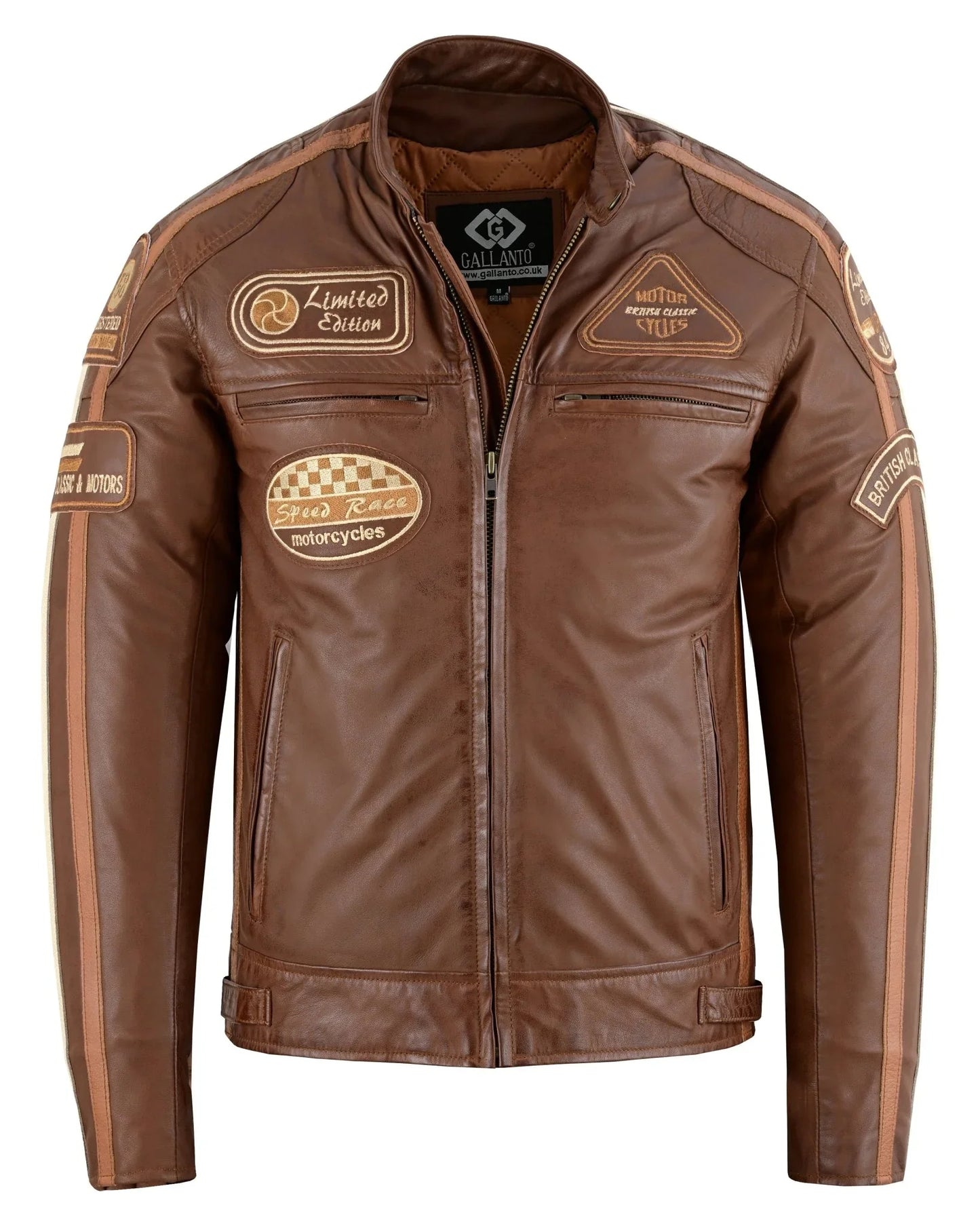mens british motorcycle black wax leather badges jacket biker tan green striped - 
