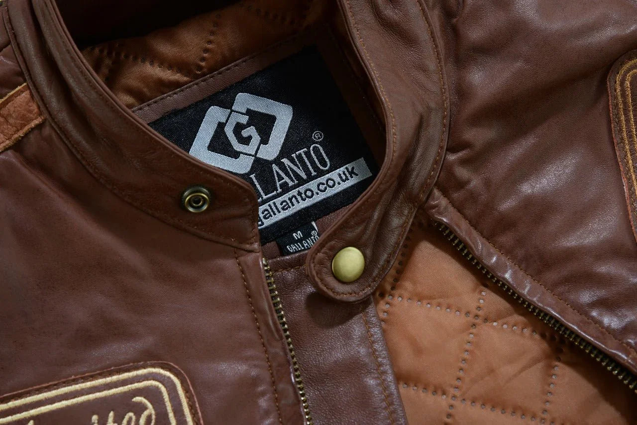 mens british motorcycle black wax leather badges jacket biker tan green striped - 