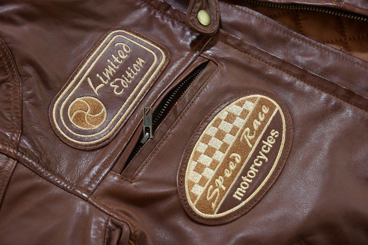 mens british motorcycle black wax leather badges jacket biker tan green striped - 