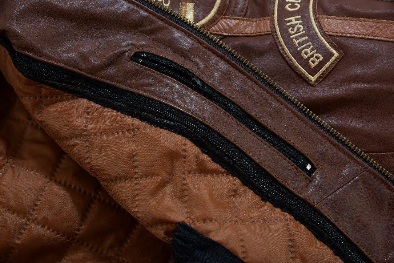 mens british motorcycle black wax leather badges jacket biker tan green striped - 