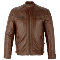 Mens Retro Vintage Grey Style Zipped Diamond Casual Biker Leather Jacket