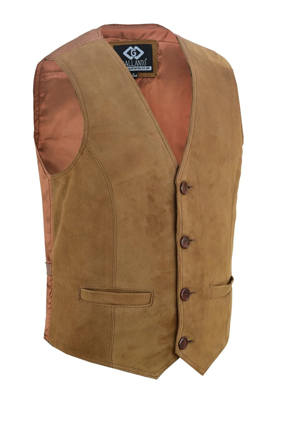 Men's tan suede vest side view