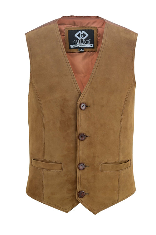 Mens Buttoned Classic Tan Soft Suede Leather Waistcoat Vest -