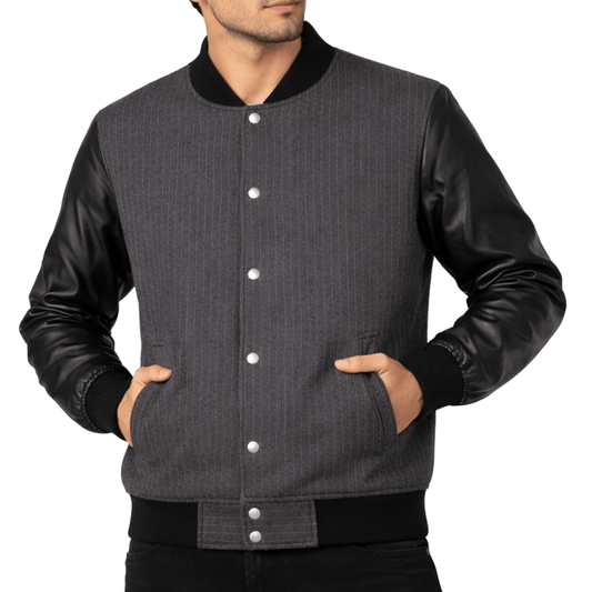 Men’s Charcoal Pinstripe & Black Leather Varsity Jacket - 