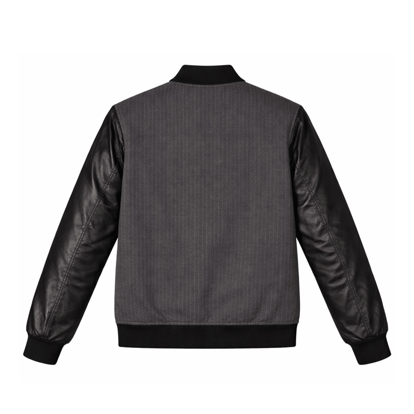 men’s charcoal pinstripe & black leather varsity jacket - 
