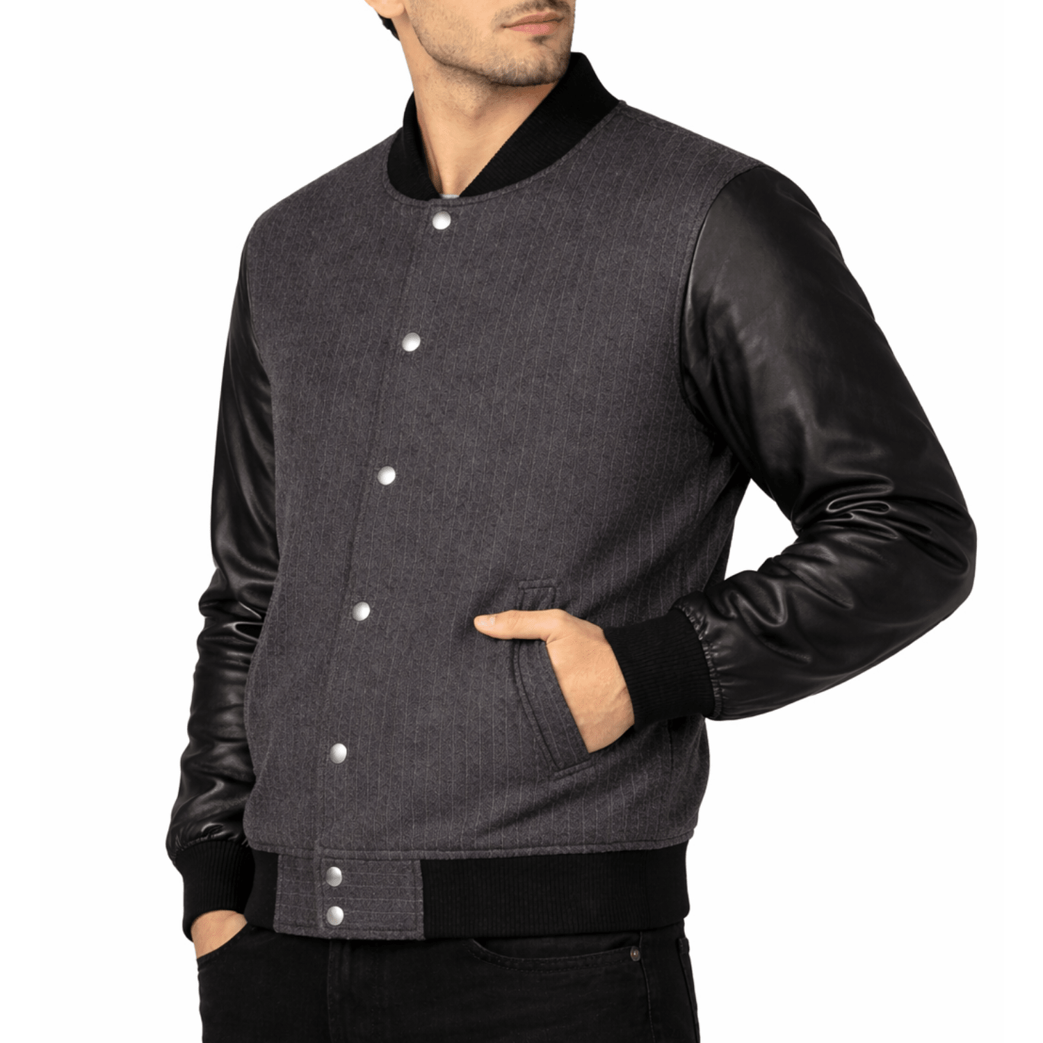Men’s Charcoal Pinstripe & Black Leather Varsity Jacket - 