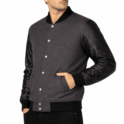 Men’s Charcoal Pinstripe & Black Leather Varsity Jacket - 