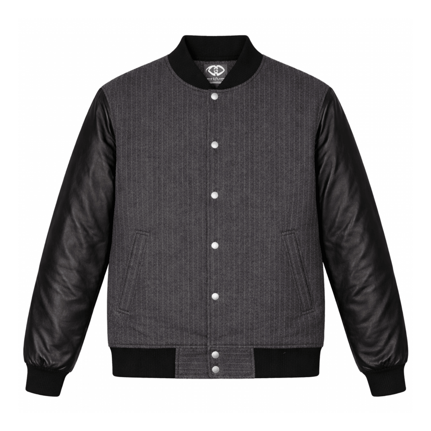 men’s charcoal pinstripe & black leather varsity jacket - 