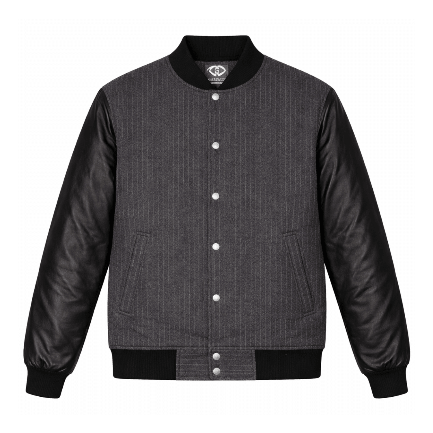 Men’s Charcoal Pinstripe & Black Leather Varsity Jacket - 