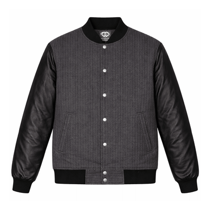 Men’s Charcoal Pinstripe & Black Leather Varsity Jacket - 