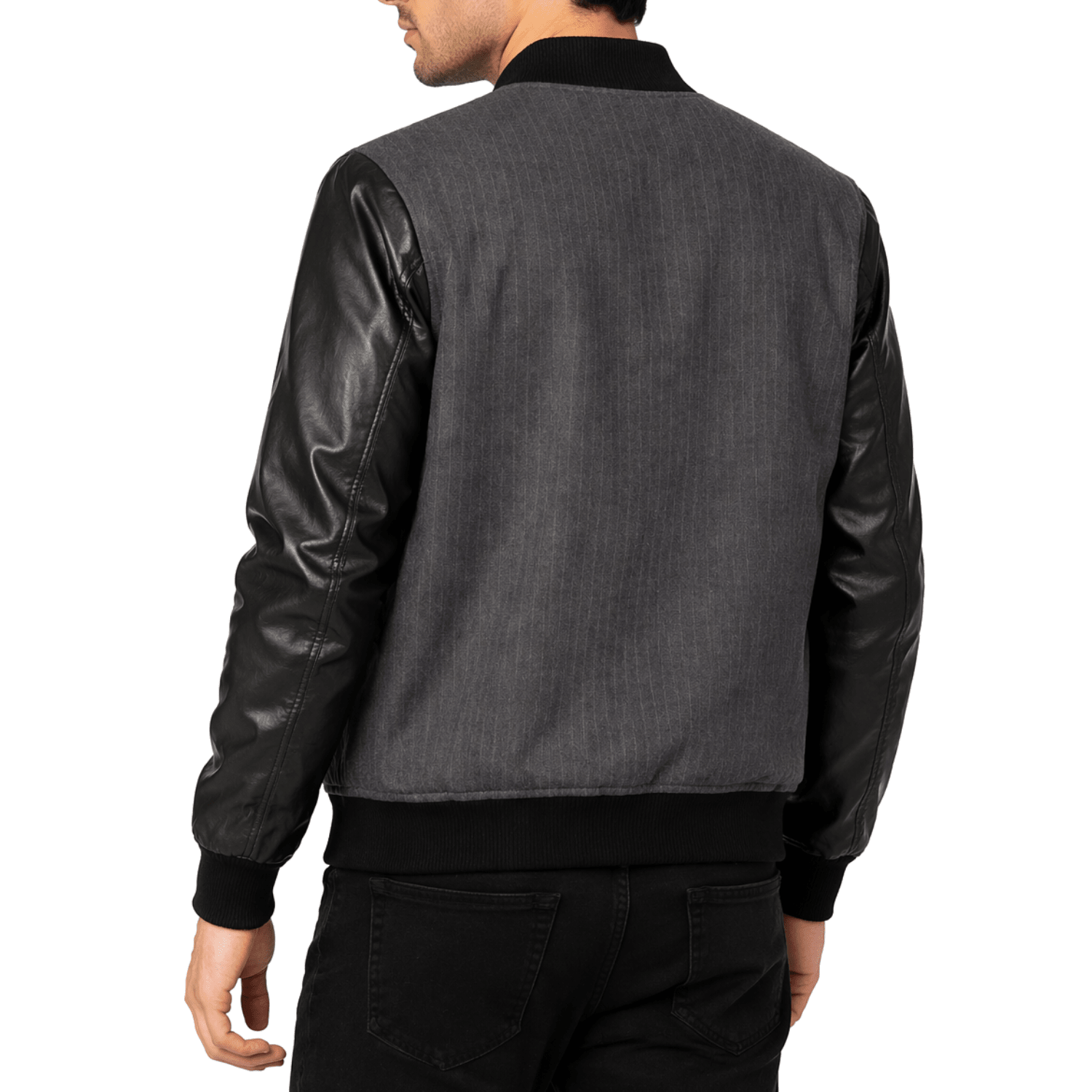 Men’s Charcoal Pinstripe & Black Leather Varsity Jacket - 