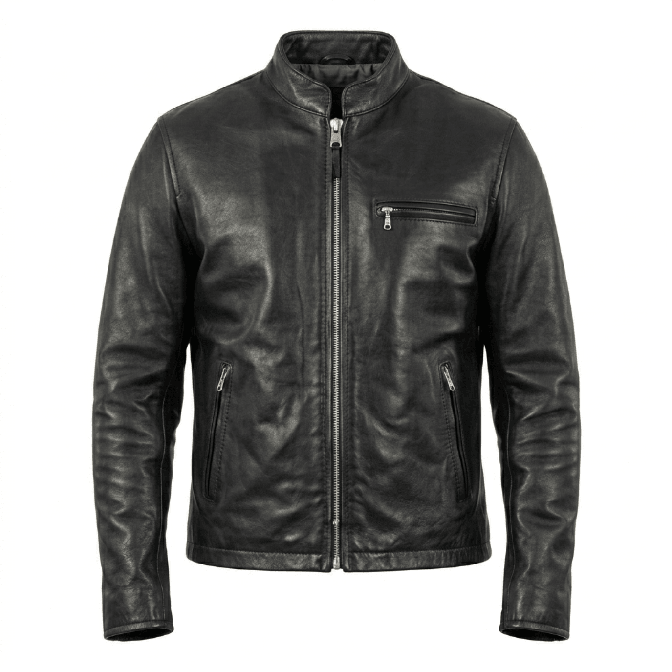 Men’s Classic Black Leather Cafe Racer Jacket | Slim Fit Biker - 