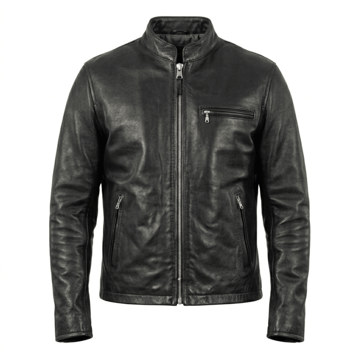 Men’s Classic Black Leather Cafe Racer Jacket | Slim Fit Biker - 