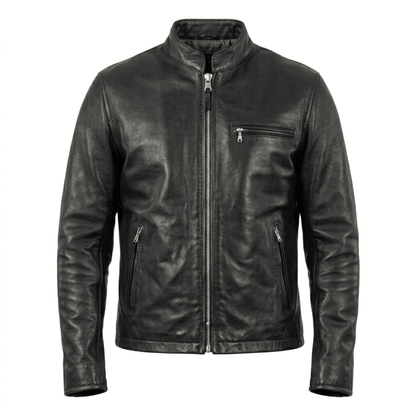 Men’s Classic Black Leather Cafe Racer Jacket | Slim Fit Biker - 