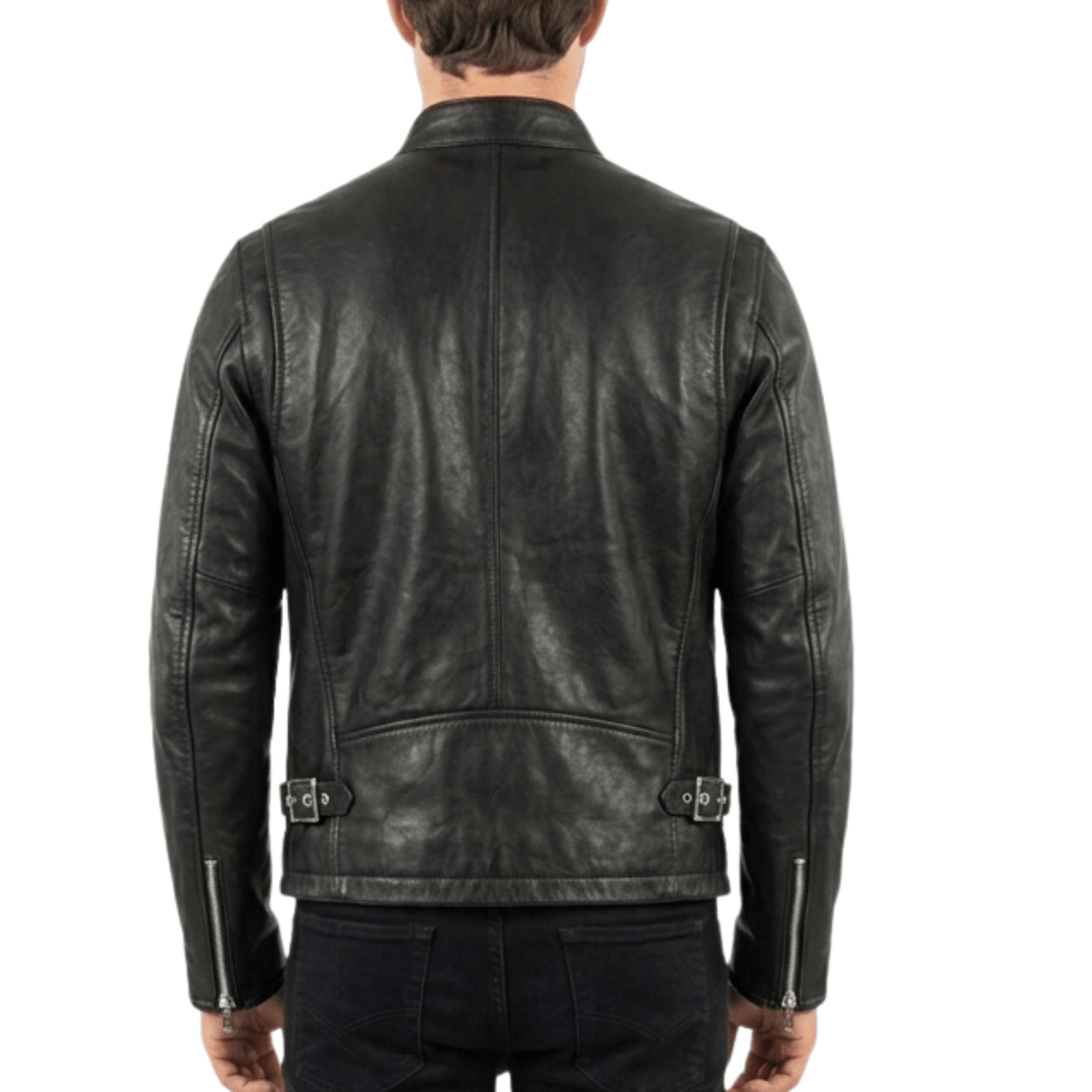 Men’s Classic Black Leather Cafe Racer Jacket | Slim Fit Biker - 