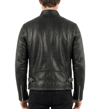 Men’s Classic Black Leather Cafe Racer Jacket | Slim Fit Biker - 
