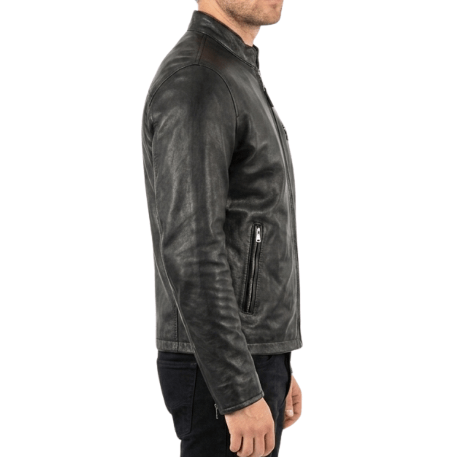 Men’s Classic Black Leather Cafe Racer Jacket | Slim Fit Biker - 