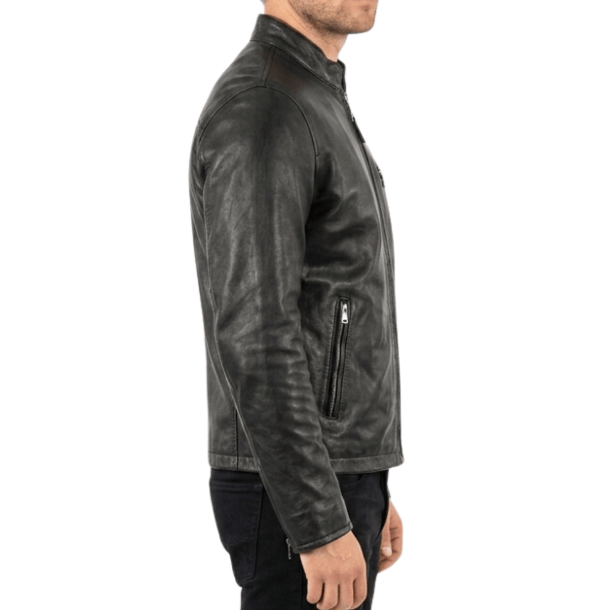 Men’s Classic Black Leather Cafe Racer Jacket | Slim Fit Biker - 