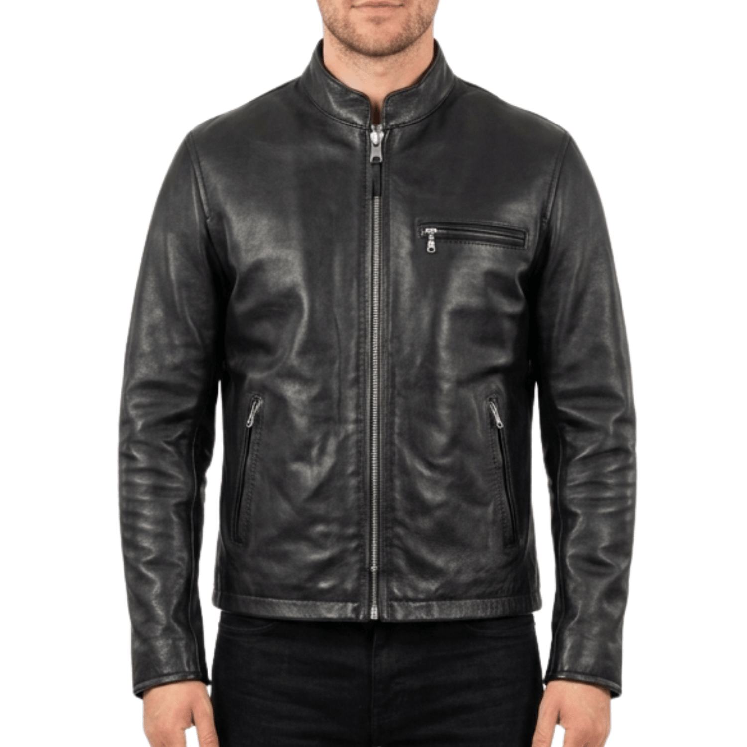 Men’s Classic Black Leather Cafe Racer Jacket | Slim Fit Biker - 