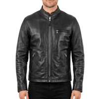 Men’s Classic Black Leather Cafe Racer Jacket | Slim Fit Biker - 