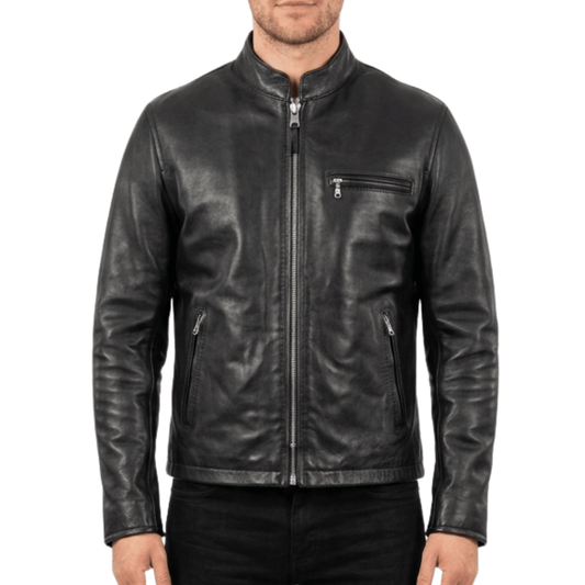 Men’s Classic Black Leather Cafe Racer Jacket | Slim Fit Biker - 