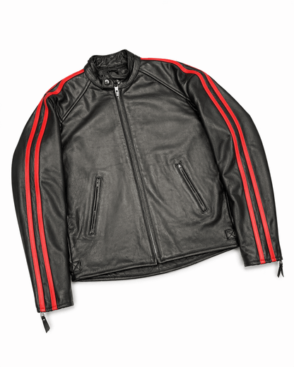 Men’s Classic Black Leather Racing Jacket Size XL | Dual Red Stripe Biker Style - 