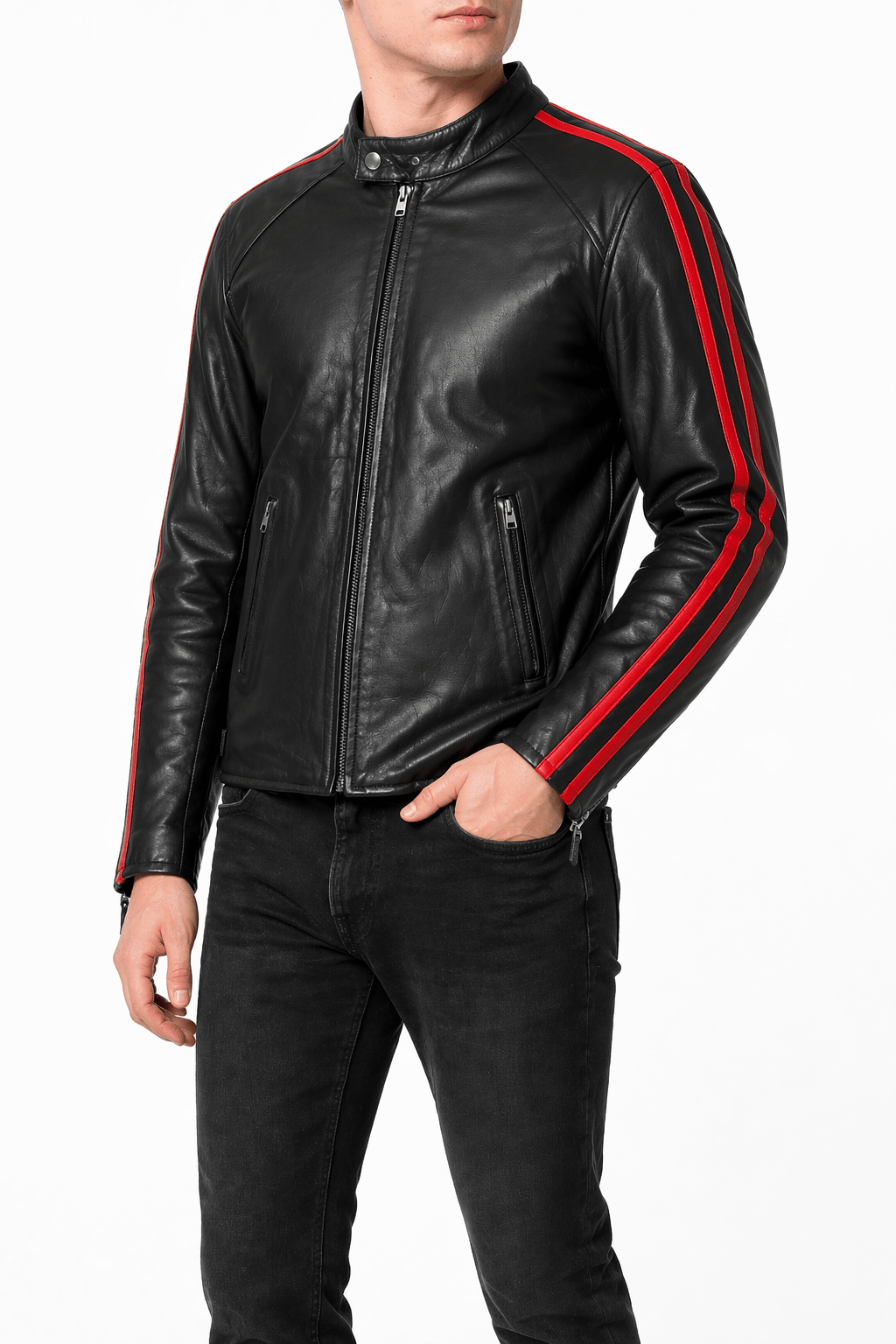 Men’s Classic Black Leather Racing Jacket Size XL | Dual Red Stripe Biker Style - 