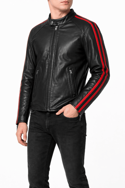 Men’s Classic Black Leather Racing Jacket Size XL | Dual Red Stripe Biker Style - 