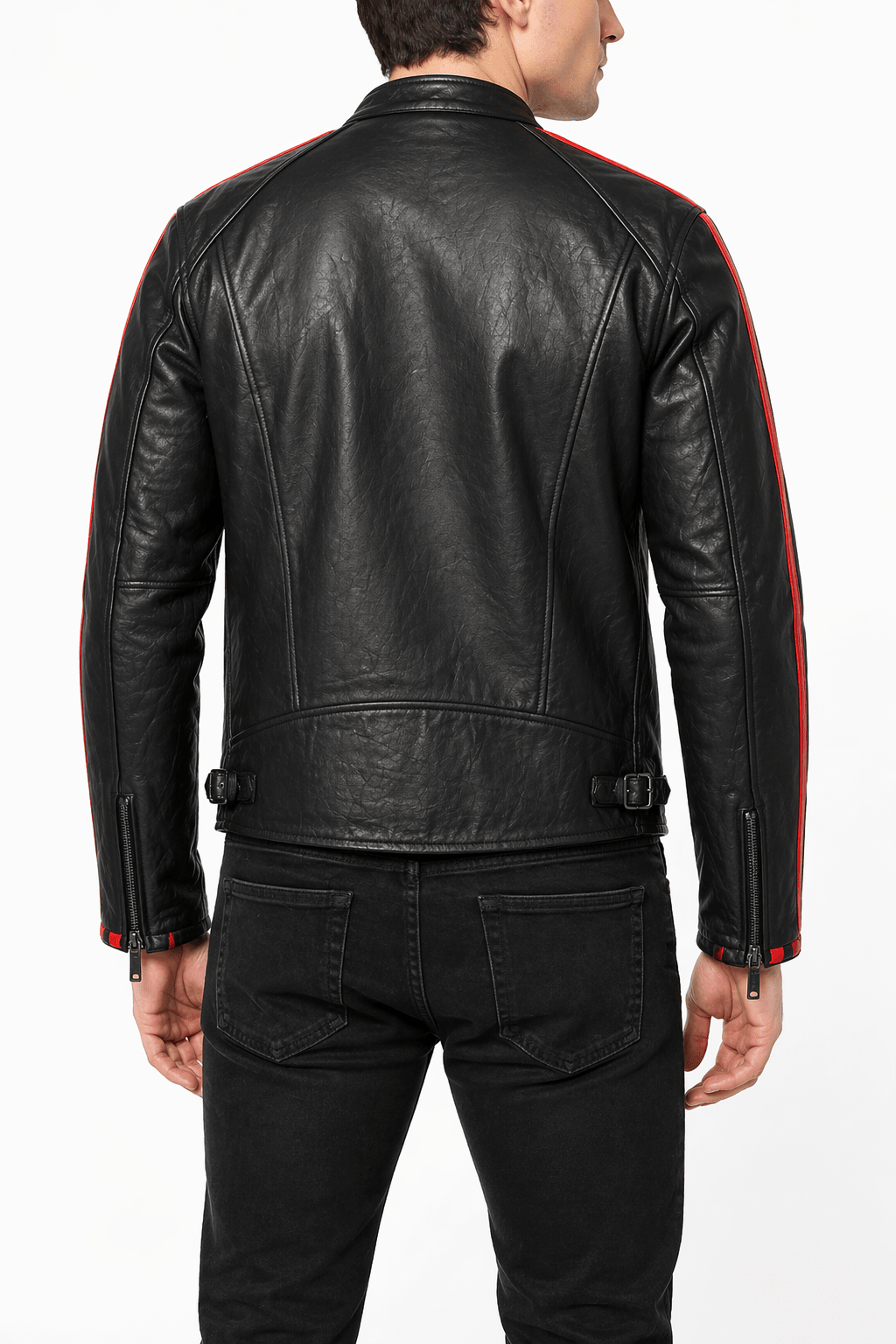 men’s classic black leather racing jacket size xl | dual red stripe biker style - 