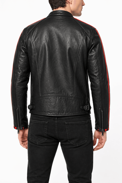 Men’s Classic Black Leather Racing Jacket Size XL | Dual Red Stripe Biker Style - 