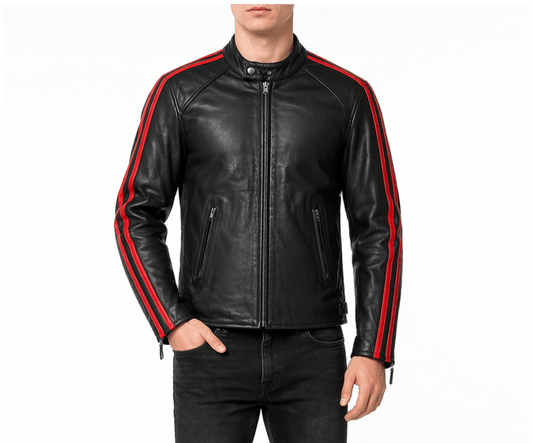 Men’s Classic Black Leather Racing Jacket Size XL | Dual Red Stripe Biker Style - 
