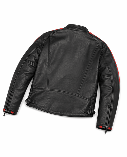 Men’s Classic Black Leather Racing Jacket Size XL | Dual Red Stripe Biker Style - 