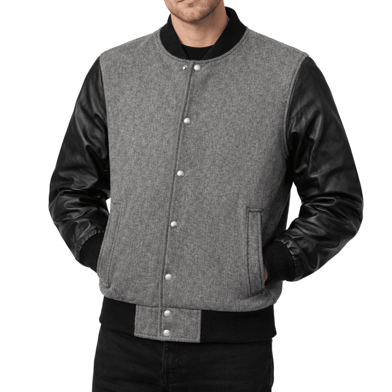 Men’s Classic Wool & Leather Varsity Bomber Jacket - 