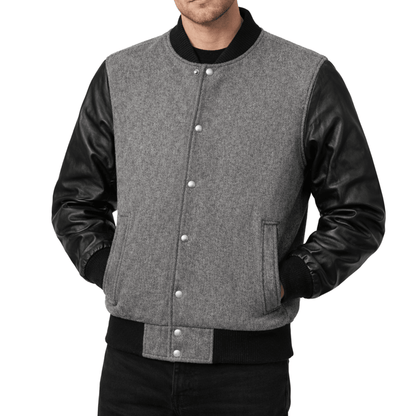 Men’s Classic Wool & Leather Varsity Bomber Jacket - 