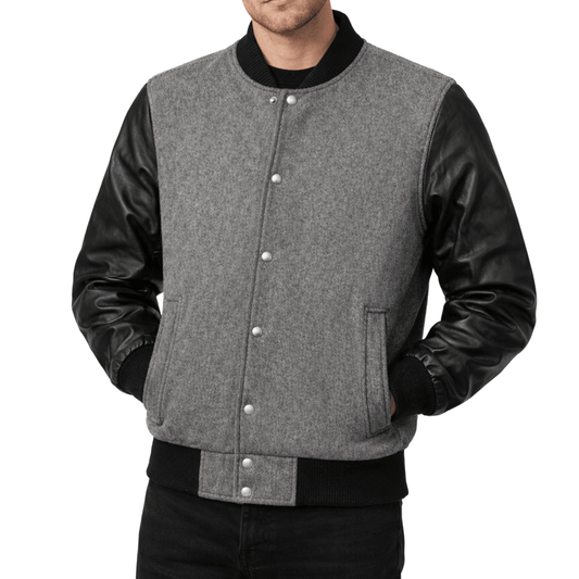 Men’s Classic Wool & Leather Varsity Bomber Jacket - 