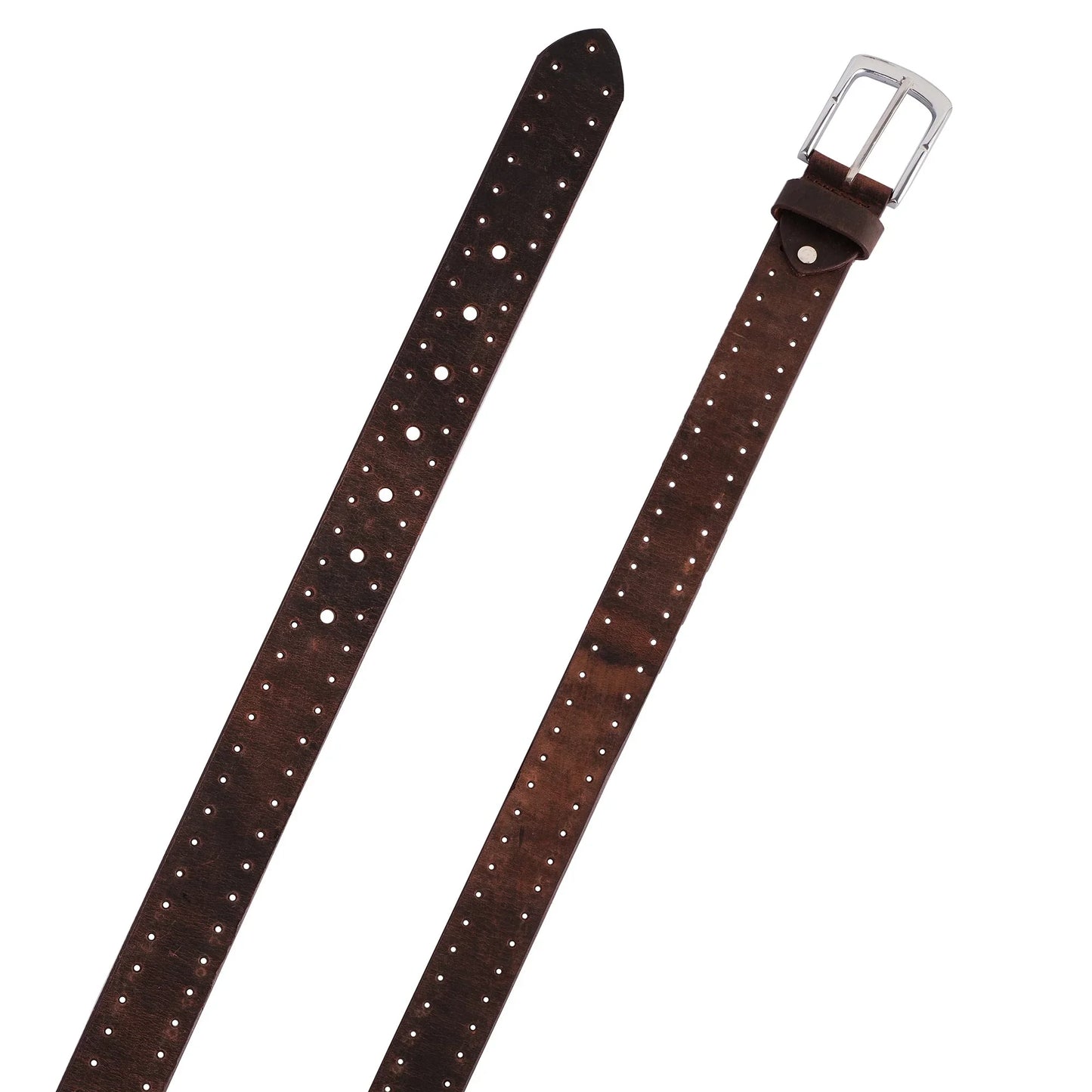 mens crazy holes genuine leather belt - casual belt for suits & jeans, single prong buckle - 
