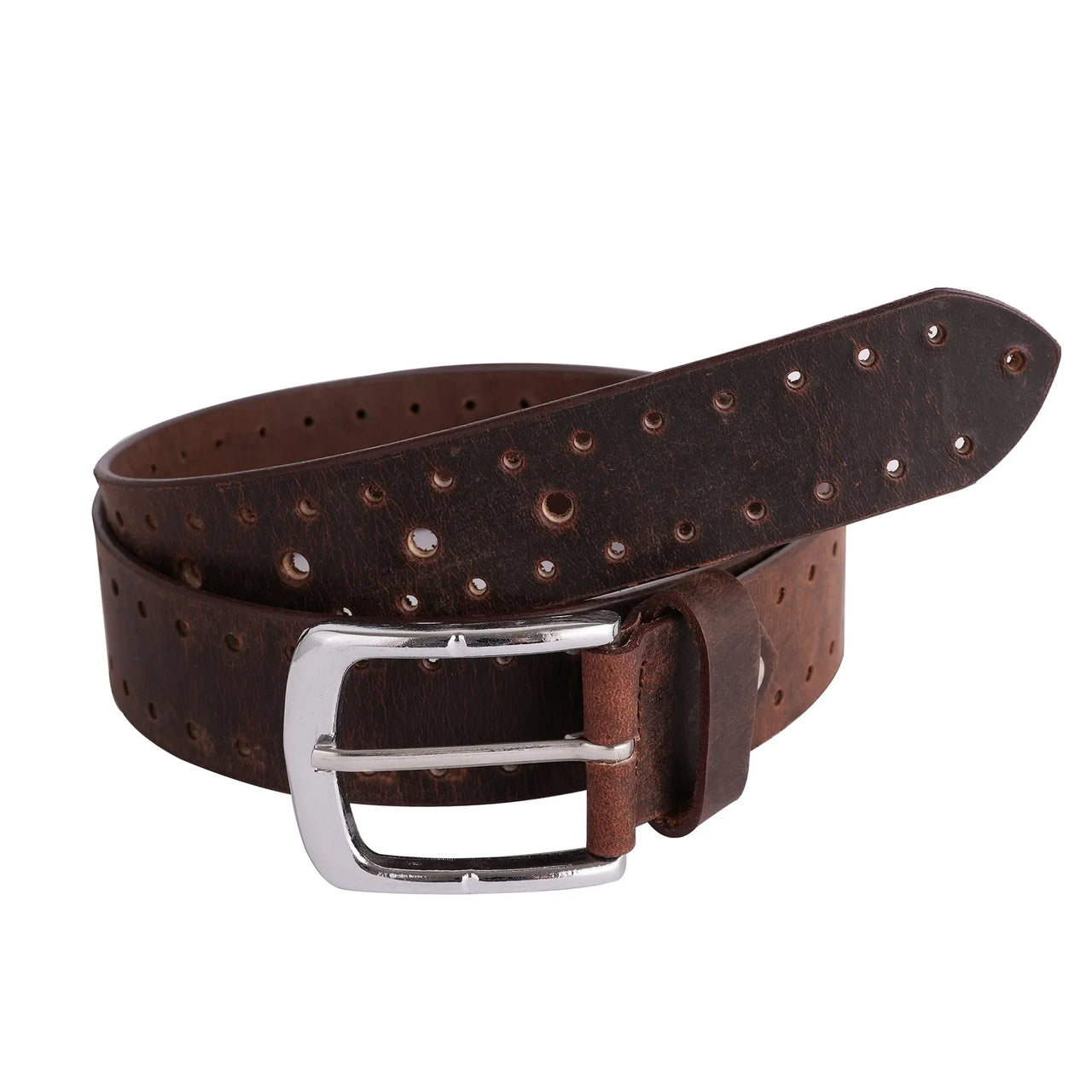 Mens Crazy Holes Genuine Leather Belt - Casual Belt for Suits & Jeans, Single Prong Buckle - 