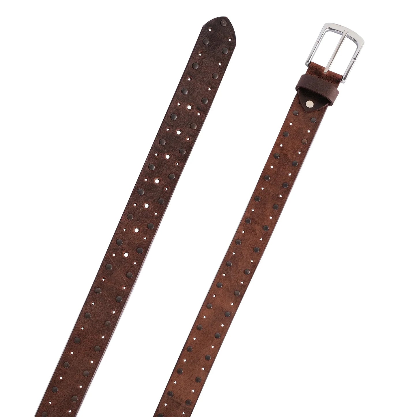 mens crazy rivets genuine leather belt - casual belt for suits & jeans, single prong buckle - 