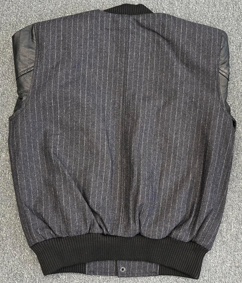 Mens Dark Grey Tweed Casual Bomber Jacket with real leather sleeves - 