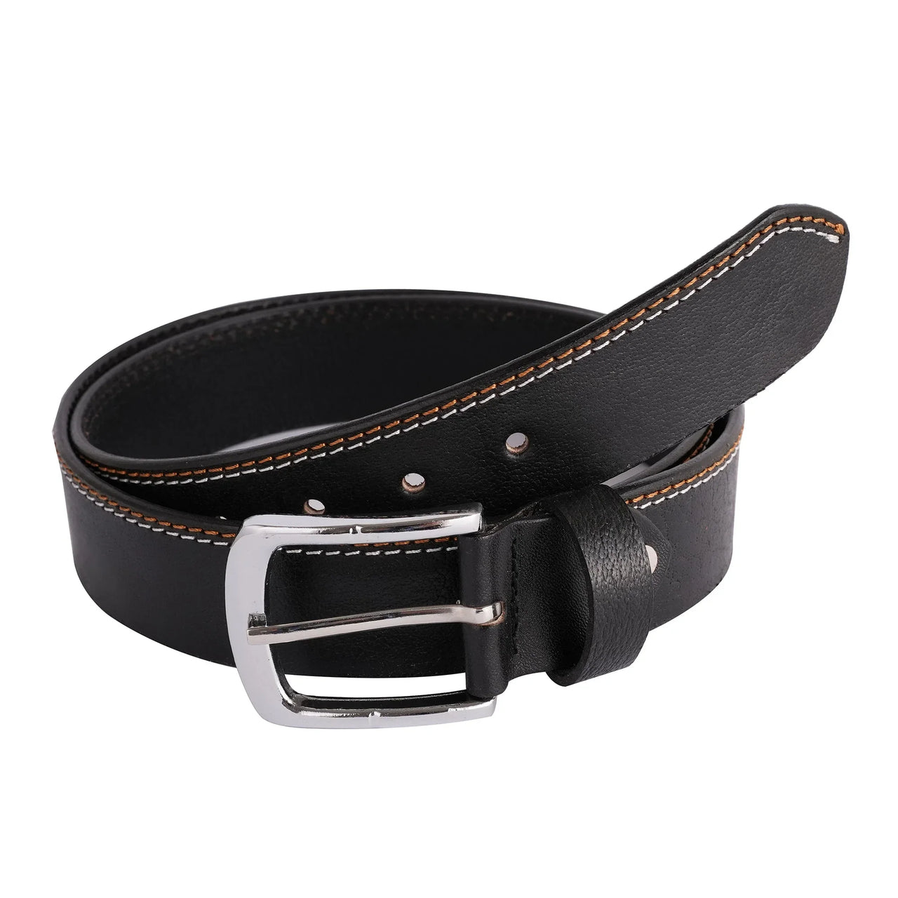 Mens Double Stich Genuine Leather Belt - Casual Belt for Suits & Jeans, Single Prong Buckle - 