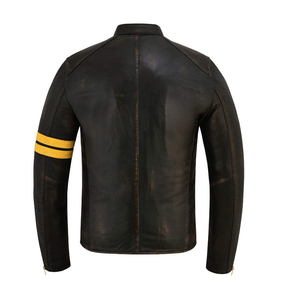 Men's Gallanto Distressed Antique Leather Cafe Racer Jacket – Genuine Motorcycle Biker Coat with Yellow Racing Stripes - 