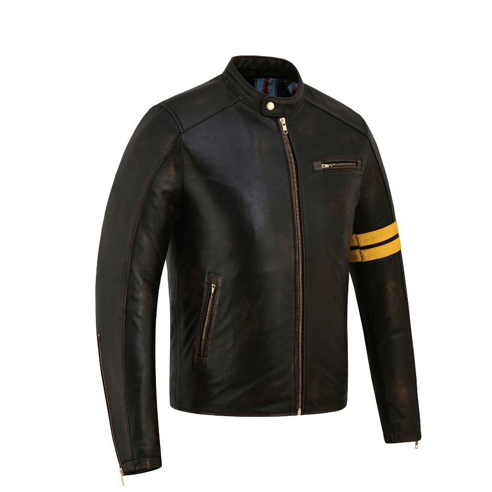 Men's Gallanto Distressed Antique Leather Cafe Racer Jacket – Genuine Motorcycle Biker Coat with Yellow Racing Stripes - 