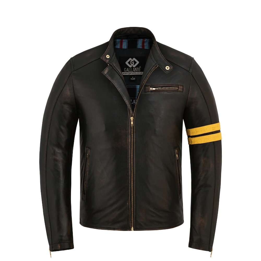 Men's Gallanto Distressed Antique Leather Cafe Racer Jacket – Genuine Motorcycle Biker Coat with Yellow Racing Stripes - 