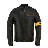Men's Gallanto Distressed Antique Leather Cafe Racer Jacket – Genuine Motorcycle Biker Coat with Yellow Racing Stripes - 