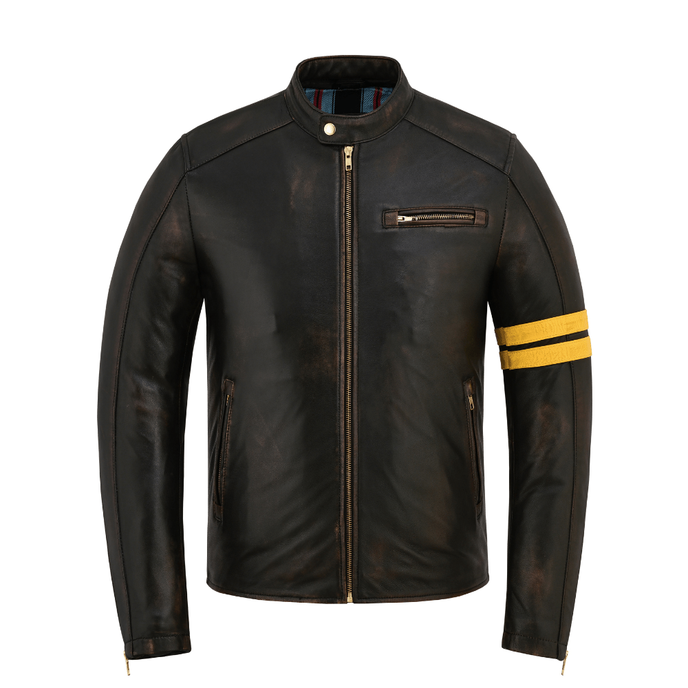Men's Gallanto Distressed Antique Leather Cafe Racer Jacket – Genuine Motorcycle Biker Coat with Yellow Racing Stripes - 
