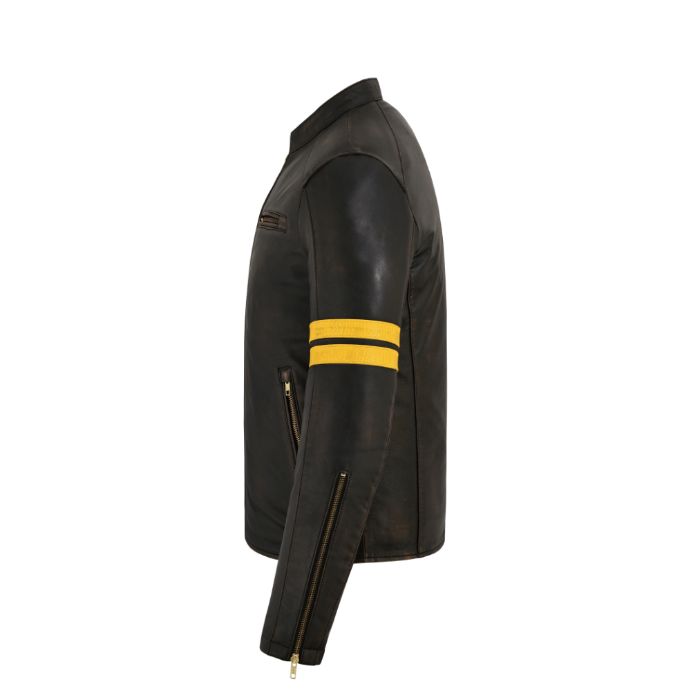 Men's Gallanto Distressed Antique Leather Cafe Racer Jacket – Genuine Motorcycle Biker Coat with Yellow Racing Stripes - 