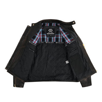 Men's Gallanto Distressed Antique Leather Cafe Racer Jacket – Genuine Motorcycle Biker Coat with Yellow Racing Stripes - 