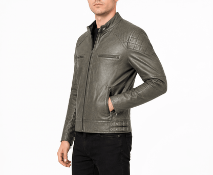 Men’s Grey Quilted Leather Biker Jacket Size XS & 2XL | Modern Moto Style - 