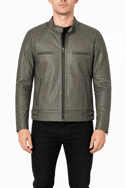 Men’s Grey Quilted Leather Biker Jacket Size XS & 2XL | Modern Moto Style - 