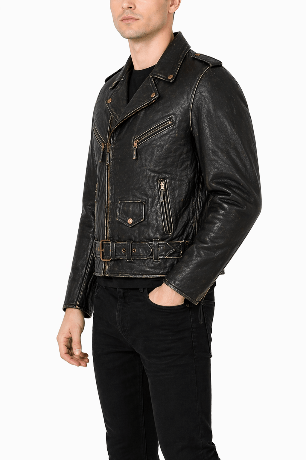 Men’s Originals Distressed Black Leather Biker Jacket Size XL | Classic Brando Style - 